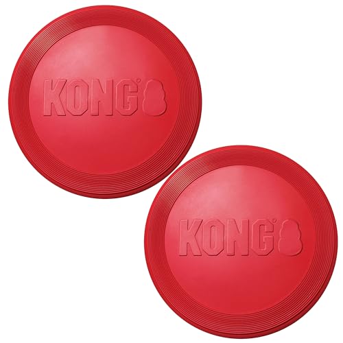KONG Flyer - Durable Dog Toy for Outdoor Playtime - Natural Rubber Flying Disc Dog Toy for Fetch - Safer Disc for Healthy Activity - for Small Dogs (Pack of 2)