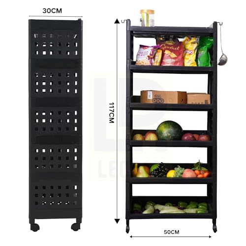Image of LEOPAX 6 Layers Plastic Rolling Storage Rack | Multipurpose Stackable Storage Rack with Wheels for Kitchen Laundry Room Bathroom Office Home - Black (50 x 30 x 117cm)