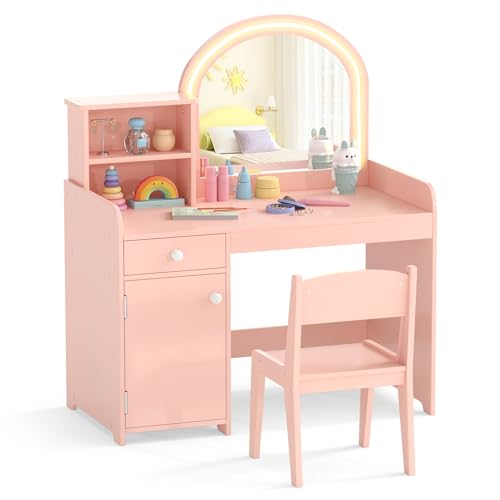 COSTWAY 2 en 1 Bureau Enfants avec Chaise & 120 Lumières LED, Coiffeuse Enfants Fille avec Miroir Acrylique, 2 Etagères & Tiroir, Dispositif Anti-basculement, Charge 50kg pour 3 Ans+ (Rose Clair)