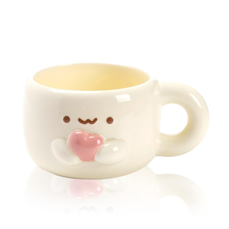 Tmtior Cute Kawaii Ceramic Coffee Mug, 10 oz Hand-made Aesthetic 3D Cartoon Tea Cup,Unique Novelty Birthday Gifts for Women, Teen Girls, Anime Lovers(Heart)