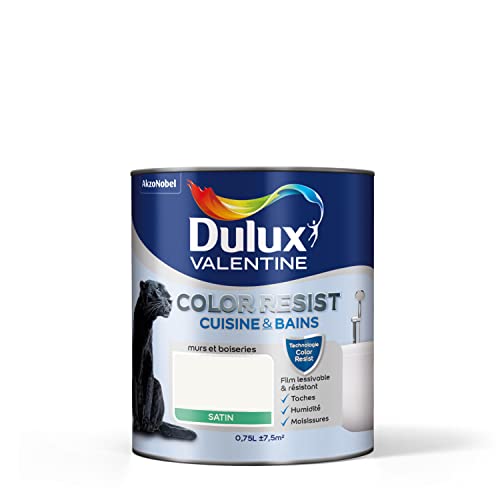 Dulux Valentine Color Resist - Peinture Intérieure Pièces Humides - Pour Murs, Plafonds, Boiseries - Lessivable et Résistante - Couleur : Blanc Satin - 0,75 L -...