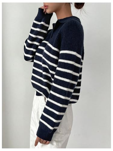 MakeMeChic Women's Collared Striped Sweater V Neck Long Sleeve Pullovers Casual Knit Tops4