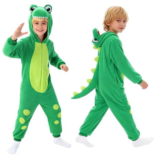 ROC PARTY Green Slim-Fit Dinosaur Onesie – Fleece Hooded Jumpsuit for Halloween, Dress-Up & Cozy Loungewear Size L