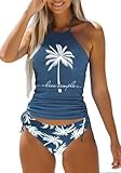 Women's Coconut Tree Graphic Drawstring Tankini Set Live Simple Letter Print Two-piece Halter Tankini Swimsuit Summer Beach Vacation Bathing Swimwear Tops（M,Blue-F