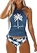 Women's Coconut Tree Graphic Drawstring Tankini Set Live Simple Letter Print Two-piece Halter Tankini Swimsuit Summer Beach Vacation Bathing Swimwear Tops（M,Blue-F