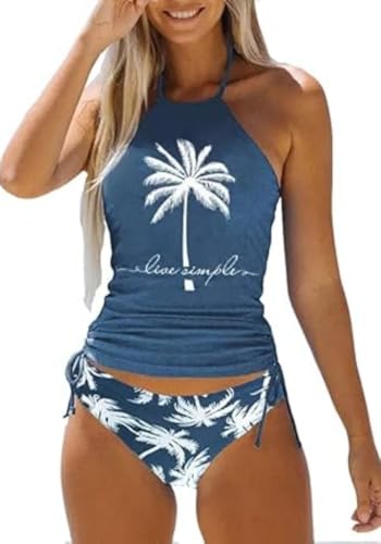 Womens Coconut Tree Graphic Drawstring Tankini Set Live Simple Letter Print Two-piece Halter Tankini Swimsuit Summer Beach Vacation Bathing Swimwear TopsM Blue-F