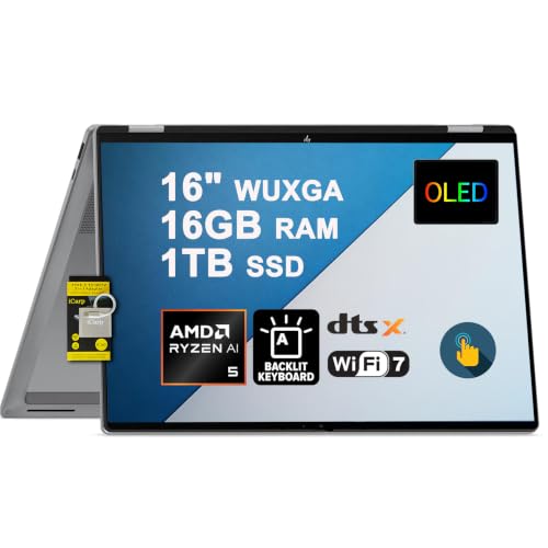 Image of HP OmniBook X Flip 16 2-in-1 Laptop 16 inch WUXGA OLED Touch (100% DCI-P3) AMD Ryzen AI 5 430 (Up to 50 AI Tops) 16GB RAM 1TB SSD Backlit Wi-Fi7 for Creator Designer Business Professional Win11 ICP Acc