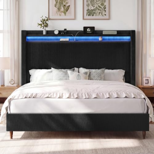 Image of Queen Size Bed Frame with 55.3 inch Tall Headboard, Corduroy Upholstered,Black