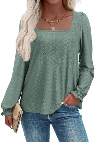 Okiwam Womens Long Sleeve Shirts Fall 2025 Square Neck Dressy Casual Blouses Eyelet Tunic Tops Fashion Outfits Clothes