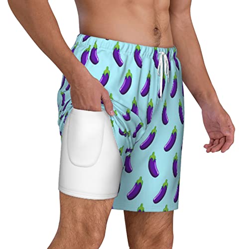 Men Eggplant Purple Swim Trunks with Compression Liner Board Shorts