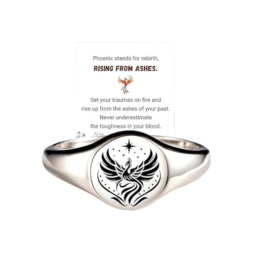 ZenVib Rise From Ashes Phoenix Signet Ring For Women, 14k gold plated stainless steel frame with personalized inspirational gift jewelry (Silver-7)