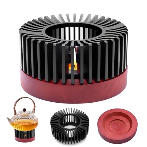 TETEWEVER Schwarz Stövchen für Teekanne 11cm Stövchen aus Aluminium Teestövchen mit Holzsockel Teekannenwärmer Tassenwärmer lsolierung Aushöhlen Kaffeewärmer, für Wärmeerhaltung von Tee Kaffee Milch