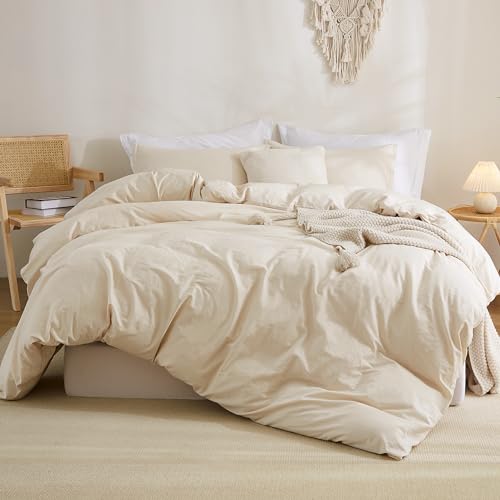 Litanika Cotton Duvet Cover Queen Beige - Linen Like Textured Duvet Cover Queen Size, Soft and Breathable Queen Bedding Duvet Cover Set for All Season (Queen, 90\"x90\", Comforter Not Included)