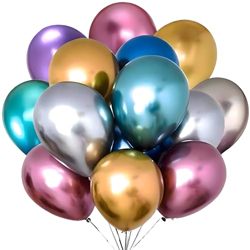 Image of Chrome Metallic Balloons Multicolour 100 pcs Glossy Latex Balloon for Birthday Decoration Kit Wedding, Anniversary Floral Garland 10 Inch Helium Supported