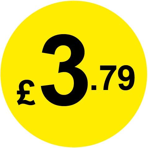 Permanent Adhesive - Black & Yellow 30mm Price Stickers/Labels from 10p to £5.25, 1000, £3.79