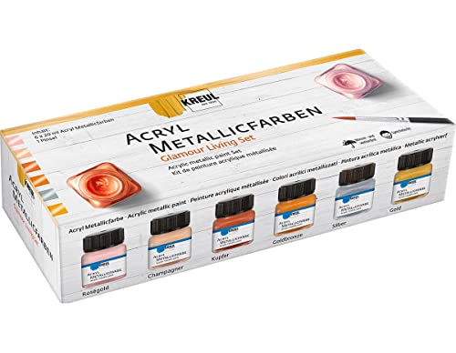 KREUL 77601 - Peintures acryliques métalliques dans le kit Color Living, 6 x 20 ml et un pinceau, glamour à effet métallique à base d'eau, couvrante et crémeuse, séchage rapide et résistante à l'eau