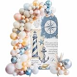 Arch Backdrop Cover, Nautical Coastal Spandex Fitted Wedding Arch Covers 5Ft, Summer Ocean Anchor Sailboat Seahorse Blue Decorative Backdrop Cover for Thanksgiving Birthday Party Banquet Decoration