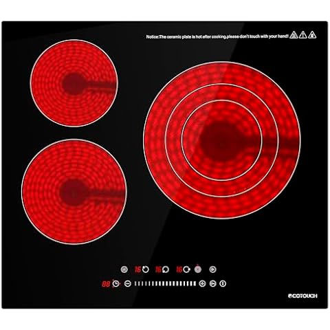 Electric Cooktop 24 Inch, ECOTOUCH Built-in Electric Stove Top 3 Burner Cooktops, ETL & FCC Certificated Glass Radiant Electric Stovetop 6600W, Upgraded 16 Power Levels, 220-240V for Hard Wire Cover