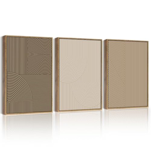 PHOPAGO Boho Mid-Century Modern Framed Wall Art Minimalist Abstract Neutral Line Wall Decor Bohemain Geometric Artwork Kitchen Dining Room - 12x16in Natural Framed