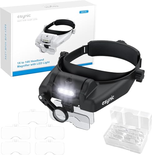 eSynic Loupe Frontale 1X à 14X avec Lampe LED Lunette Grossissante avec 5 Lentilles Amovibles 1,0X 1,5X 2,0X 2,5X 3,5X Lunette Loupe Rechargeable Type-C pour...