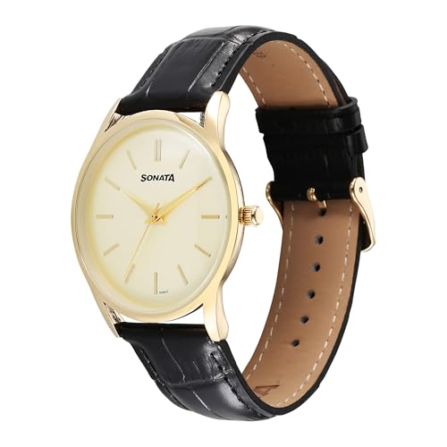 Image of Sonata Quartz Analog Gold Dial Leather Strap Watch for Men