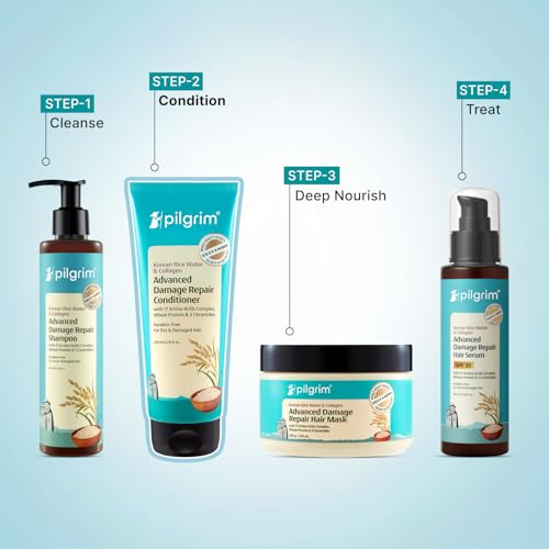 Image of Pilgrim Korean Rice Water & Collagen Advanced Damage Repair Conditioner - 200ml (Pack of 3)| With 17 Amino Acids, Wheat Protein & Ceramides | Paraben-Free | Deep Nourishment & Shine I For Women & Men