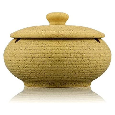 LAUYOO Ceramic Ashtrays with Lid Windproof Cigarettes Ashtray for Outdoor Indoor Weed, Ash holder for Smoker, Tabletop Decorative Smoking Ash Tray for Home Office Patio Decoration (Texted Yellow) Cover