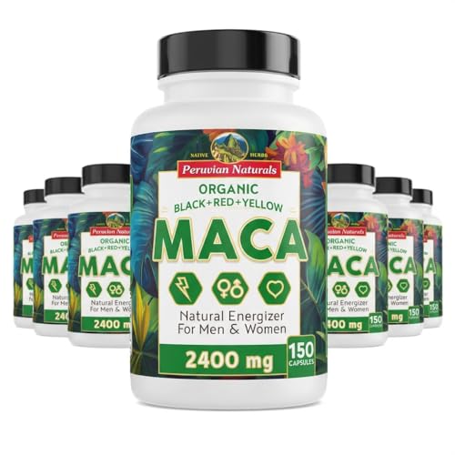Peruvian Naturals Organic Maca Root Capsules for Women & Men, 2400 mg, 150 Vegan Pills with Black, Red & Yellow Root, Gelatinized, Non-GMO 12-Pack