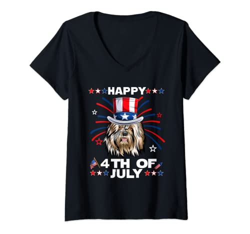 Donna Old English Sheepdog Dog Patriotic American 4th Of July Maglietta con Collo a V