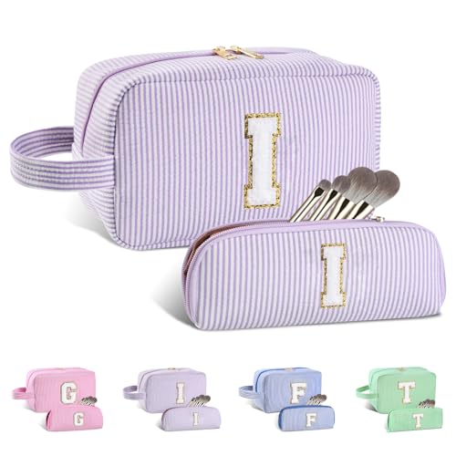 2PCS Initial Gifts for Women Travel Makeup Bag Toiletry Bag Set-Purple, I