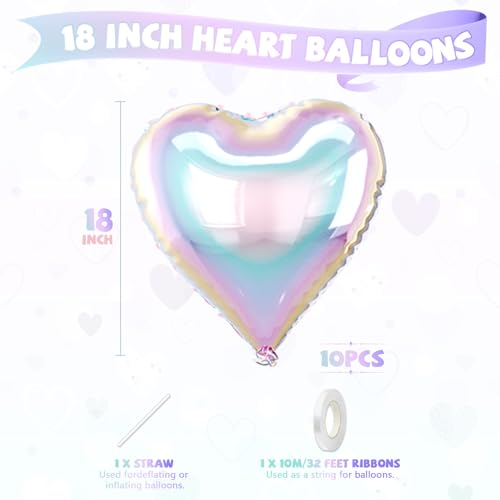 Image of Iridescent Heart Balloons, 10 Pcs Transparent Rainbow Heart Shaped Balloon, 18 Inch Gradient Clear Foil Balloons for Engagement Brithday Baby Shower Wedding Valentines Mermaid Party Decorations