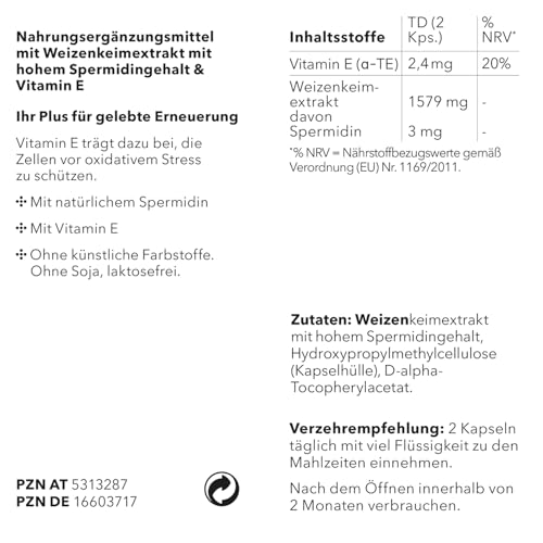 Spermidin Kapseln Ursprung - 3,0 mg Spermidin in reiner Apothekenqualität | Natürlicher Weizenkeimextrakt | Spermidine hochdosiert & vegan | Ausgezeichnete Bioverfügbarkeit | spermidinPLUS