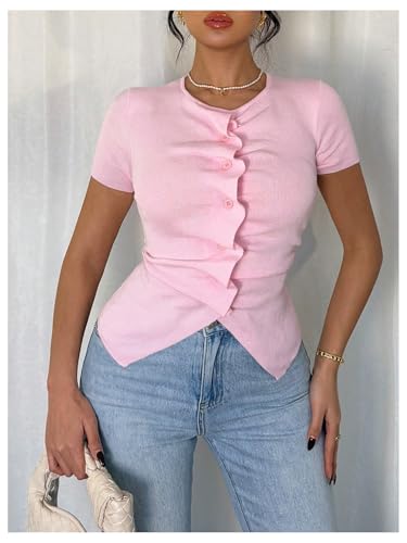 GORGLITTER Women's Short Sleeve Button Up Knit Tops Ruched Lightweight Business Casual Cardigan Sweater3