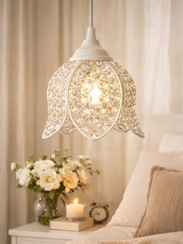 Image of Lotus Crystal Pendant Light Modern Ceiling Fixture, Stylish Home Decor, Warm White, Living Room, Bedroom, Contemporary Design, Decorative Crystal Chandelier (White)