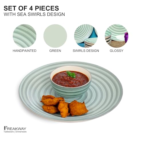 Image of Freakway Handcrafted 'Sea Swirls' Ceramic Dinner Set of 4 Pieces | 2 Ceramic Dinner Plates 10 Inches with 2 Serving Bowl Set | Microwave and Dishwasher Safe - Green