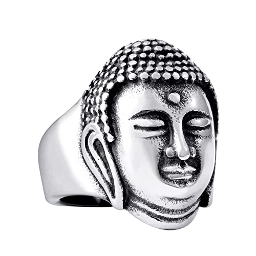 Homxi Ringe Herren Punk,Ring Buddhistischer Buddha Edelstahl Eheringe Herren Silber Herrenring Größe 60 (19.1)