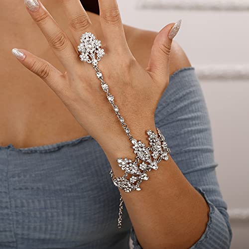 Denifery Silver Rhinestones Finger Ring Bracelet Hand Chain Bracelets with Ring Hand Harness Slave Bracelets Boho Bangle Bracelets Hand for Women2