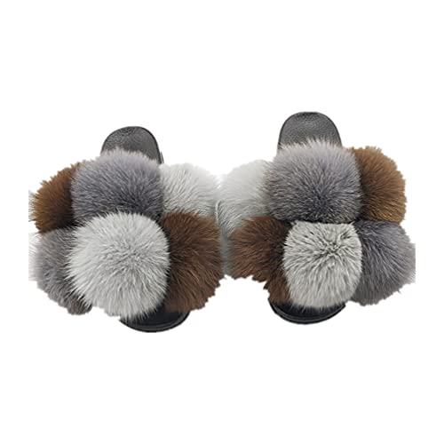 LVCOMEFF Women Real Fox Fur Sandals Fur Pom Poms Slides Slippers Summer Fluffy Outdoor Ball Plus Size