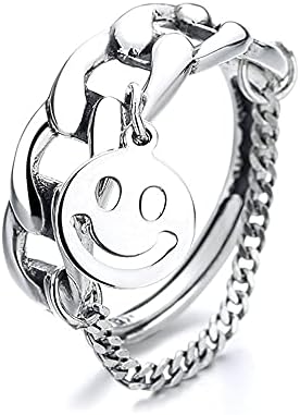 Smiley Face Chain Band Adjustable Statement Chunky Rings for Women Girls Fashion Dainty Sterling Silver Threader Tassel Wide Smile Finger Ring Personalized Gifts Bff Xmas