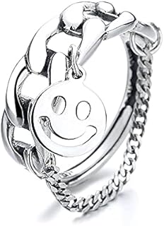 Smiley Face Chain Band Adjustable Statement Chunky Rings for Women Girls Fashion Dainty Sterling Silver Threader Tassel Wide Smile Finger Ring Personalized Gifts Bff Xmas
