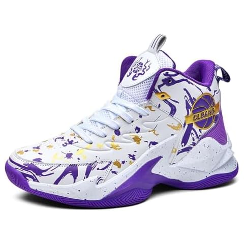 WELRUNG Men's Women's High Top Basketball Shoes Breathable Non Slip Outdoor Sneakers Fashion Shoes Purple 8/6.5 US Cover