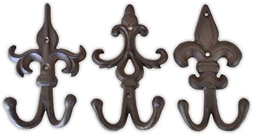 Set of 3 Fleur De Lis, Rustic, Cast Iron Double Wall Hooks, Vintage Inspired, Perfect for Coats, Bags, Hats, Towels, Scarfs etc | Screws Included (Ornate, Dark Brown)