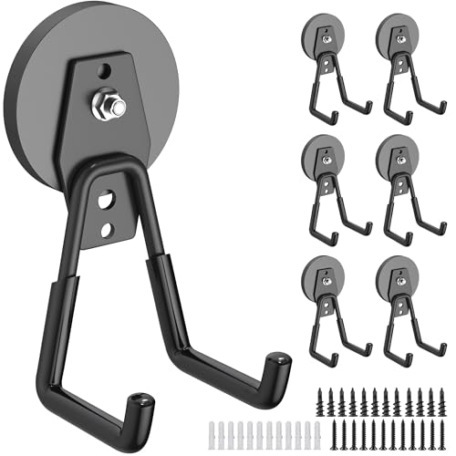 6 Pack Heavy Duty Storage Magnetic Utility Hooks Large Garage Strong Extra Magnet Hooks Hanger with Anti-Slip Coating Heavy Duty Magnetic Hooks for Hanging Power Dril Garage Garden Tools Black