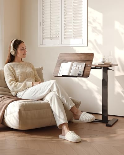Image of FLEXISPOT Adjustable Height C-Shaped End Table with Split Tilting Top - Mobile Side Table for Sofa & Bedside, Slides Under Furniture, Hidden Wheels for Small Spaces(31.6 inch W x 15.7 inch D,Dark Walnut)