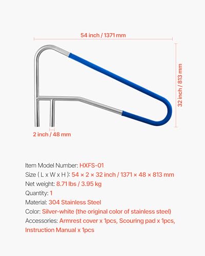 VEVOR Schwimmbad Handlauf, 1371x48x813 mm, 100 kg Tragfähigkeit, Pool Haltegriff aus Edelstahl 304, abnehmbare rutschfeste Hülse, Einbau-/ Bodenmontage, Einstiegshilfe für Poolbereich & Wasserparks