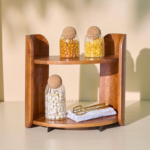 Image of Brick Brown Premium Wing Organizer | Wooden Spice Rack | 2-Tier Kitchen Shelf Countertop Spice Storage Holder | Kitchen Pantry Cabinet Organizer Cupboard for Spice Bottles, Jars (17.3X9.5X15.7 Inch)