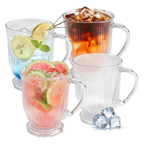 Vunanvu 4er Set Teegläser mit Henkel 480ml Glastassen mit Relief Irische Kaffeegläser für Latte Macchiato Cappuccino Tee Glas Kaffeetassen für Heiße & Kalte Getränke Elegante Glasbecher Rillengläser