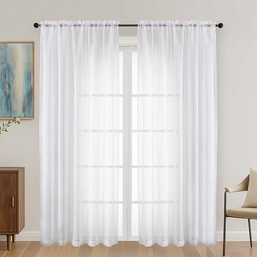 Image of OVZME White Sheer Curtains 72 Inches Long 2 Panels Set, Light Filtering Sheer Curtains for Living Room Bedroom 59 Inch Extra Wide, Modern Voile Filmy Rod Pocket Window Drapes, 59Wx72L Inches
