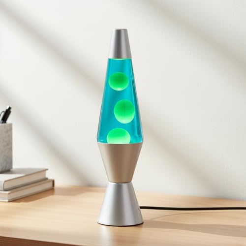 Image of KARP 14.5 Inch Lava Lamp (Blue Water & Green Lava) | Silver Base, Metal & Glass | 220-240V 50Hz | R39 E14 25W Bulb | Run by Plug with Inline Switch | Ambient Night Lamp & Gift for Home Decor & Office