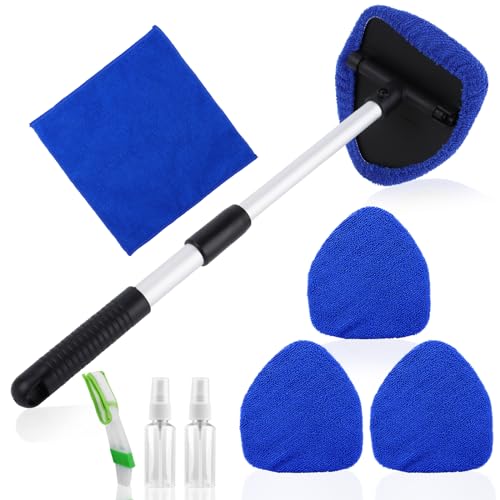 PBUSPU Limpiador Parabrisas Ventanas de Coche Cepillo con 3 Almohadillas de Microfibra y 2 Botellas de Spray 1 Trapo 180° Manija Giratoria, Cepillo de Limpieza de Parabrisas